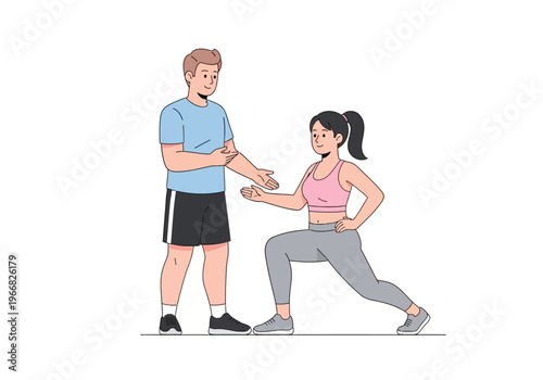 Fitness trainer guiding woman in lunges exercise at gym studio