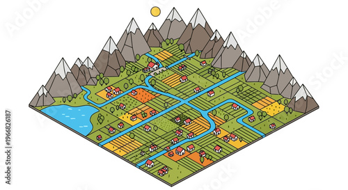 Isometric landscape with mountains river and village.