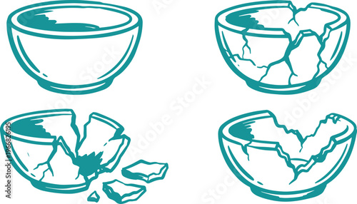 Hand Drawn Broken Bowl Silhouette Vector Illustration Set with Cracked Ceramic Dish Damage and Repair Concept Design.