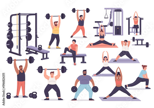 People exercise with dumbbells and machines at gym interior