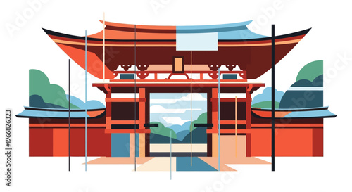 Flat Vector Illustration of a Traditional Japanese Temple Gate
