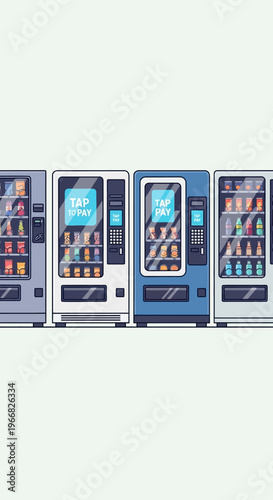Row of Modern Automated Vending Machines with Contactless Payment