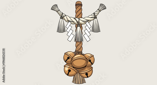 Japanese Shinto Shrine Bell Suzu with Shimenawa Rope and Shide Paper Streamers
