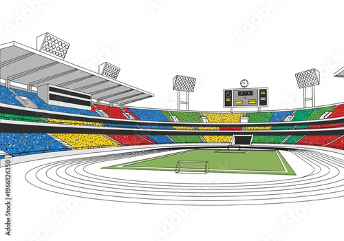 A vibrant stadium seating area with a green field and track for sports events