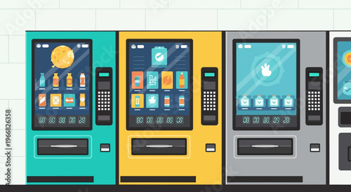 Row of Modern Automated Vending Machines for Snacks and Drinks