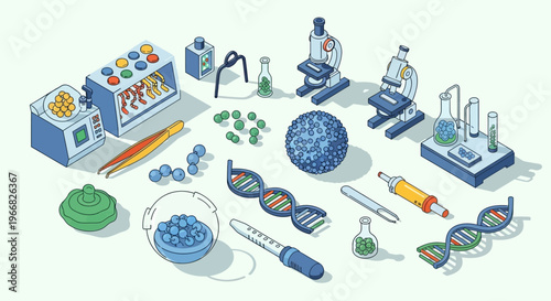 Scientific research equipment and DNA molecules illustration.