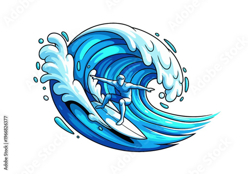 A surfer rides a large wave on a sunny day with a surfboard