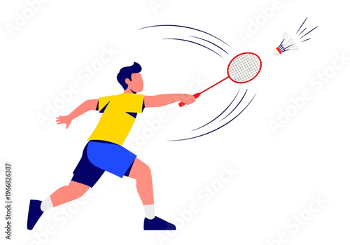 Man plays badminton with racket and shuttlecock in action
