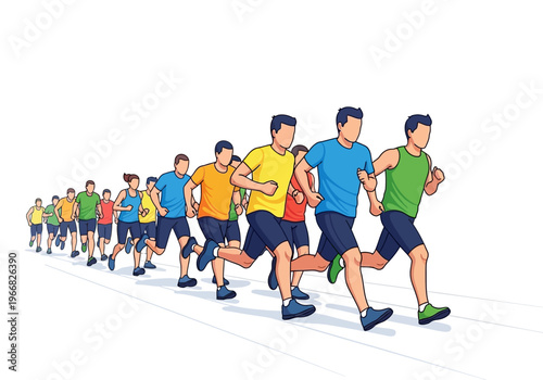 A group of runners participate in a marathon event on a road