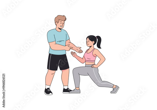 A man helps a woman doing a lunge exercise with a dumbbell in a fitness setting indoors.