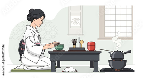 Japanese Tea Ceremony with Woman in Kimono