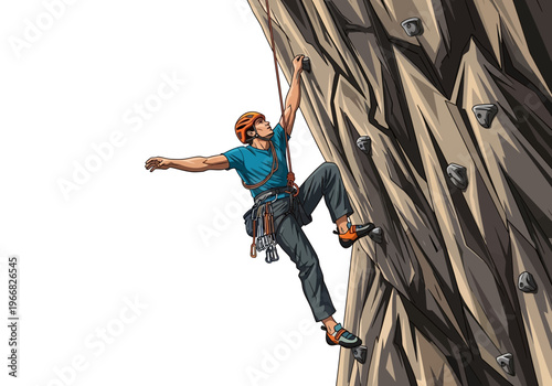 Man climbing steep rocky mountain face with hands and feet