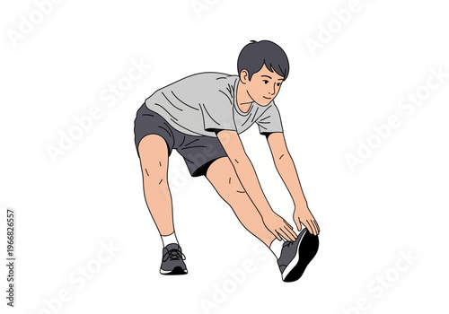 Man stretches forward bending over touching toes in fitness routine