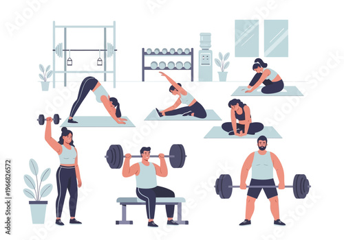 People exercising with weights in a home gym setting with plants