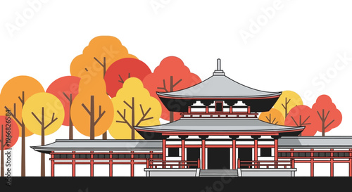 Japanese Temple Architecture with Autumn Foliage Flat Illustration