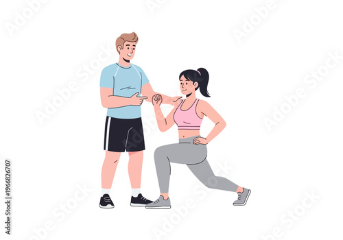 Fitness instructor guiding woman in lunges exercise at gym studio