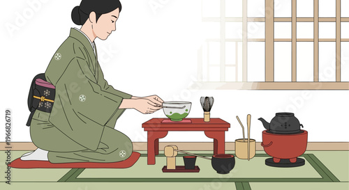Japanese Woman Performing Traditional Tea Ceremony in Kimono