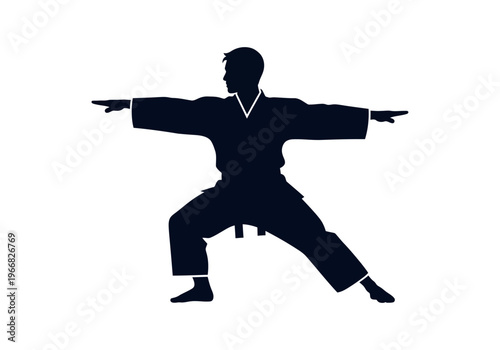 A man in a martial arts uniform is performing a stance with arms outstretched sideways in a fighting pose.