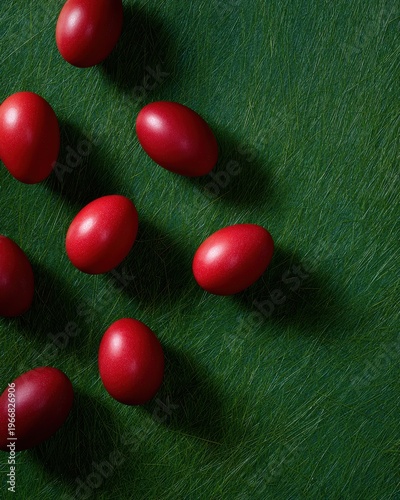 scattered red Easter eggs on green grass seasonal greeting card background