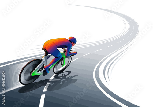 Cyclist riding swiftly on a winding road track in a dynamic motion
