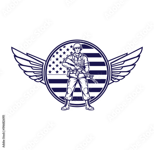 American soldier with gun standing in front of flag emblem with wings symbolizing protection and patriotism in one sentence