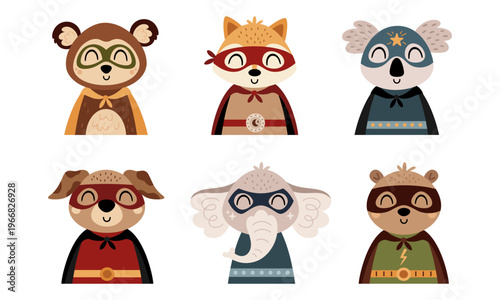 Cute Superhero Animals Clipart Set. Cartoon Super Hero Characters Images. Kids Vector Illustrations.