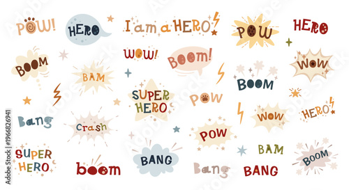 Big collection with lettering superhero phrases and  quotes, perfect for design projects. Comic speech bubbles images.