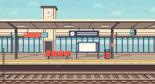 Modern Railway Station Platform with Empty Seating and Train Tracks