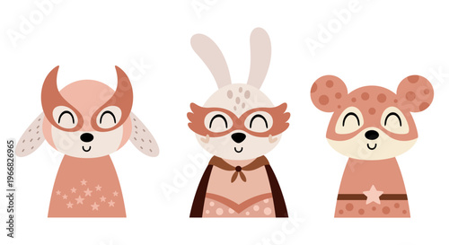 Cute Superhero Animals Clipart with Rabbit and Mouse. Cartoon Super Hero Girl Characters Images. Kids Vector Illustrations.