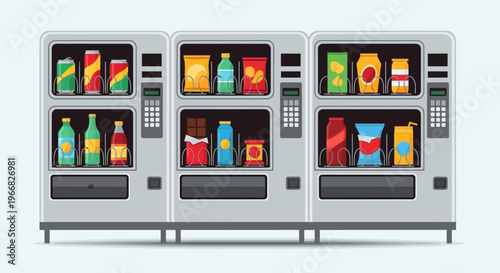 Set of Modern Vending Machines with Snacks and Beverages