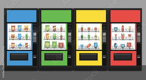 Set of Four Colorful Vending Machines with Various Snacks and Drinks