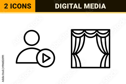 Digital Media and Video Streaming Interface Line Art; Minimalist Monoline Outline Symbols for Professional Multimedia Software Design.