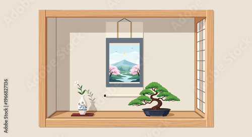 Minimalist Japanese Tokonoma Alcove with Bonsai Tree and Hanging Scroll Illustration