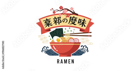 Japanese Ramen Noodle Bowl Logo Design with Cherry Blossom and Traditional Wave Elements
