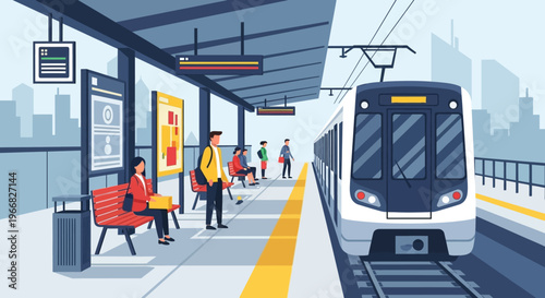 Modern Subway Station Platform with Commuters Waiting for Train
