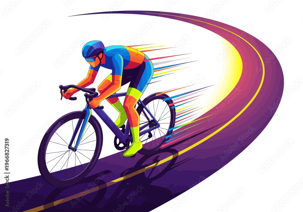 Fototapeta premium Cyclist Riding Fast on Winding Road with Blurred Motion Lines