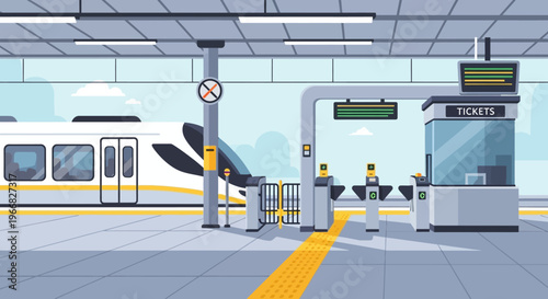 Modern Subway Station Platform with High-Speed Train and Ticket Gates
