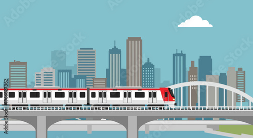 Modern Subway Train Crossing City Bridge Vector Illustration