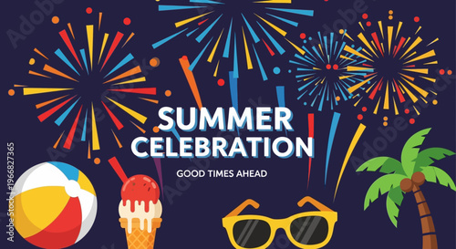 Summer Celebration Poster with Fireworks and Beach Elements