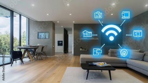 Futuristic Smart Home Interior with AI Integration, Modern Automation and Bright Living Spaces