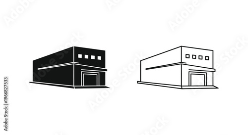 a black and white drawing of two garage buildings Vector