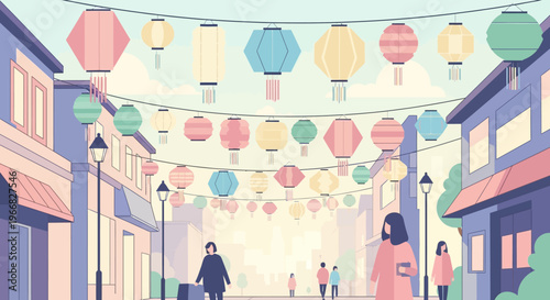 People Walking on City Street Decorated with Colorful Paper Lanterns