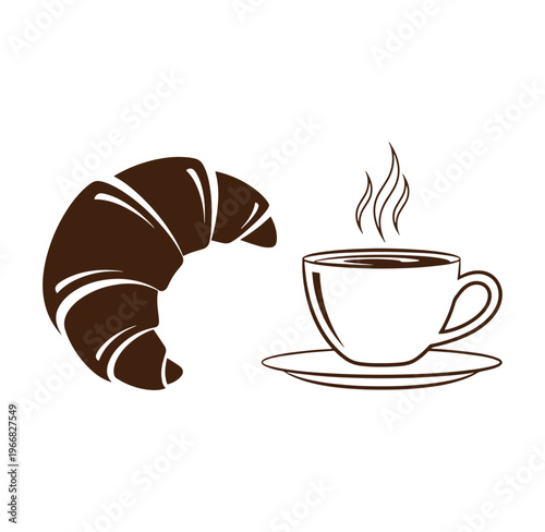 Croissant and steaming hot cup of coffee on a saucer for breakfast