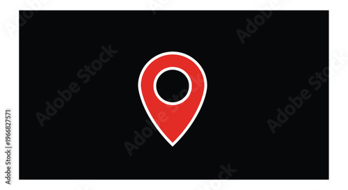 A vibrant red location pin icon is prominently displayed on a solid black background