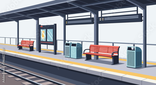 Modern Empty Train Station Platform with Benches