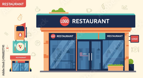 Modern Restaurant Building Exterior Flat Vector Illustration