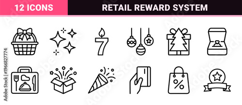 Minimalist monoline geometric line art representing gift giving, retail shopping rewards, and celebratory event planning for digital interfaces.