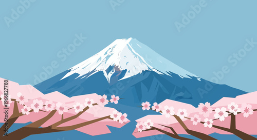 Mount Fuji with Cherry Blossom Branches in Spring