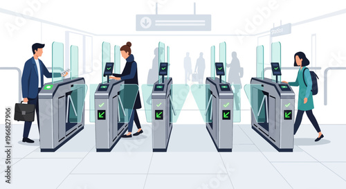 Modern Subway Station Entrance with Automated Ticket Gates and Commuters