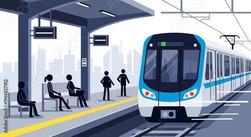 Modern Subway Train Arriving at City Station Platform with Commuters